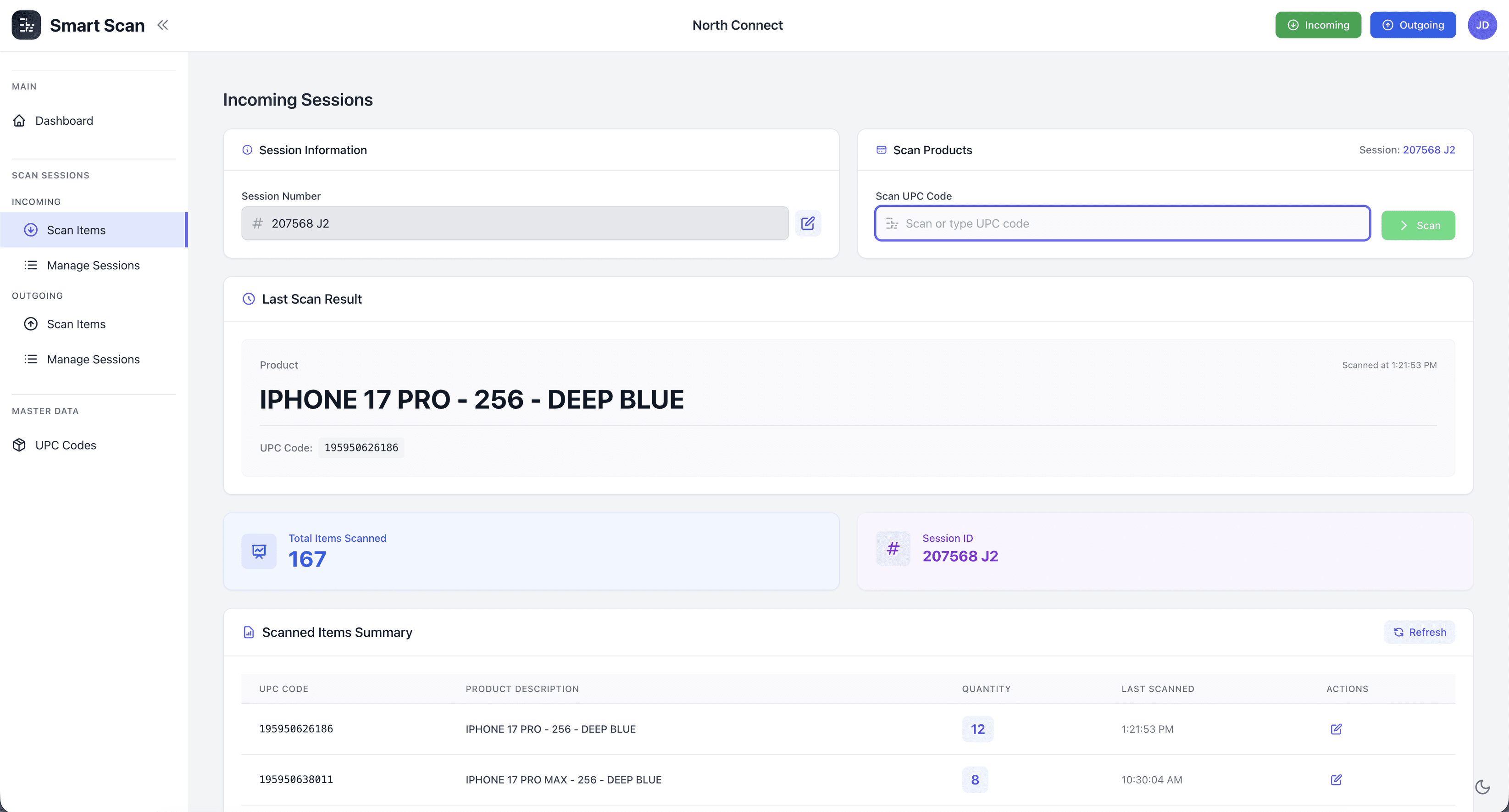 Smart Scan incoming session - UPC scanning interface with scanned items list