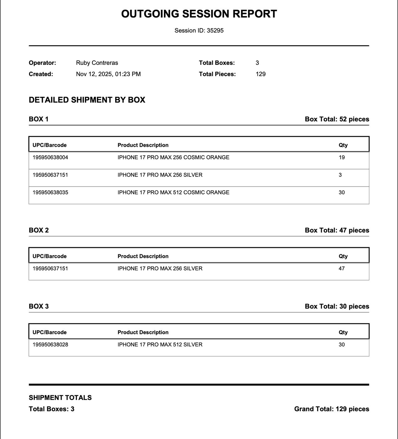 Smart Scan outgoing report - Shipping report with box details