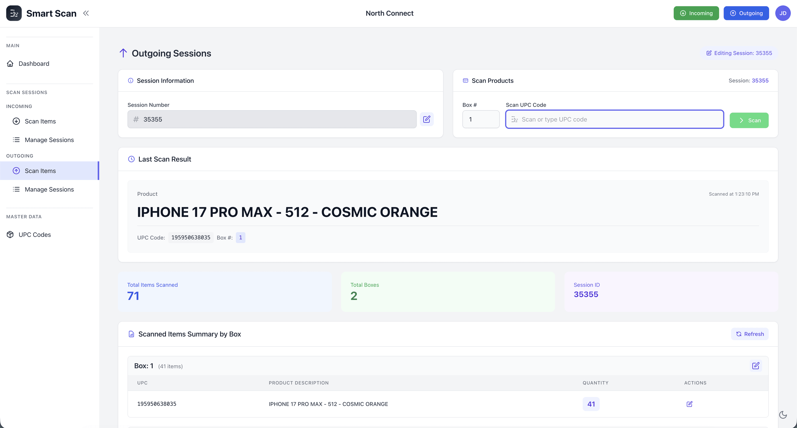 Smart Scan outgoing session - Shipping workflow with box management